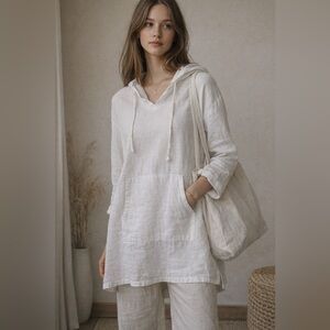 FLAX Linen Hooded Tunic Top Dress White Medium Made in Lithuania Lagenlook Boho